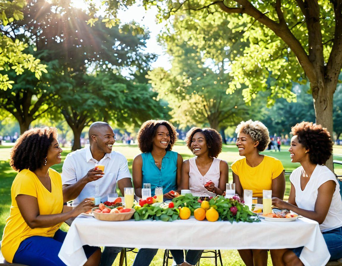 A diverse group of people, engaged in various activities together — laughing, sharing food, and supporting each other in a vibrant park setting. Include elements like colorful banners that say ‘Community Love’ and ‘Friendship’ to emphasize connection. Surround them with blooming flowers and trees to symbolize growth and harmony. Capture warm, inviting sunlight filtering through the leaves. super-realistic. vibrant colors. sunny atmosphere.