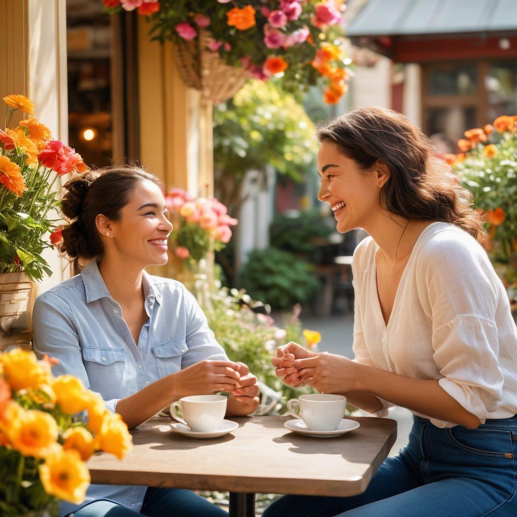 A warm, inviting scene of diverse groups of people engaged in joyful interactions, depicting romance, friendship, and community support. Include elements like a cozy café setting, heartwarming gestures, and laughter, surrounded by blooming flowers and gentle sunlight. Showcase a mix of ages and cultures to emphasize inclusivity and connection. romantic, vibrant colors, soft focus.