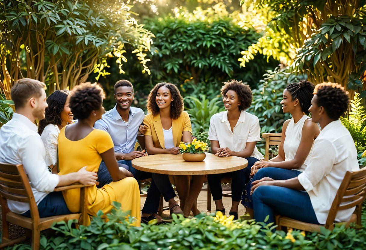 A diverse group of people from various backgrounds sitting in a circle, engaging in deep conversation with warm smiles and open body language. In the background, a lush garden symbolizing growth and connection, with intertwined vines representing partnerships. Soft golden light cascades through the trees, creating a serene and inviting atmosphere. super-realistic. vibrant colors. warm tones.
